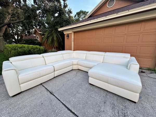White U-Shaped Leather Power Recliner Sectional Couch by Havertys